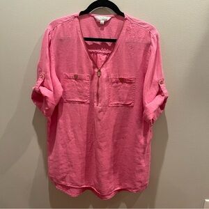 Company Ellen Tracy Tunic Top Women’s SIze L Roll-Tab-Sleeve Pink Linen 1/4 Zip